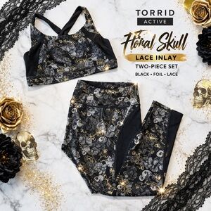 Torrid Active Black Foil Floral Skull Lace Inlay Sports Bra Leggings 2 piece Set